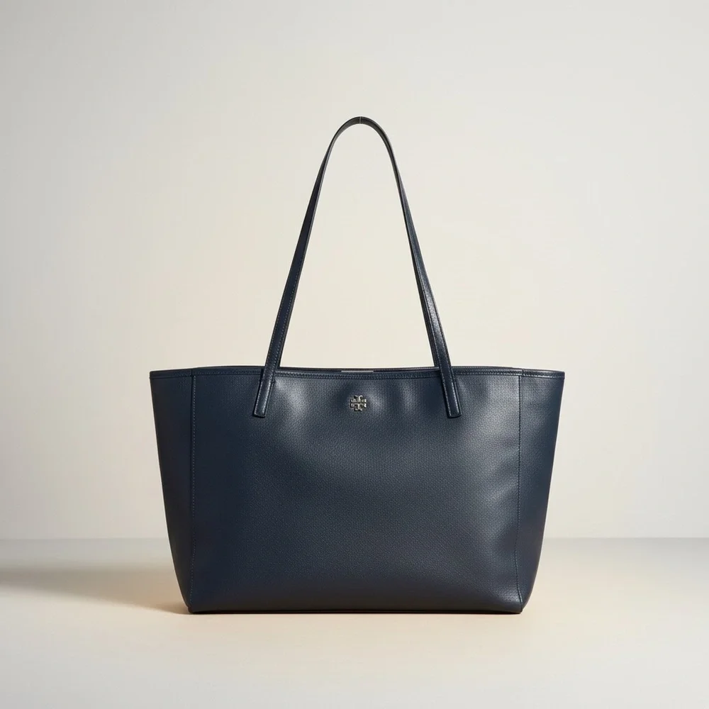 ✨ Tory Burch Navy Saffiano Leather Tote Work Laptop Bag Gold Logo - Picture 13 of 14